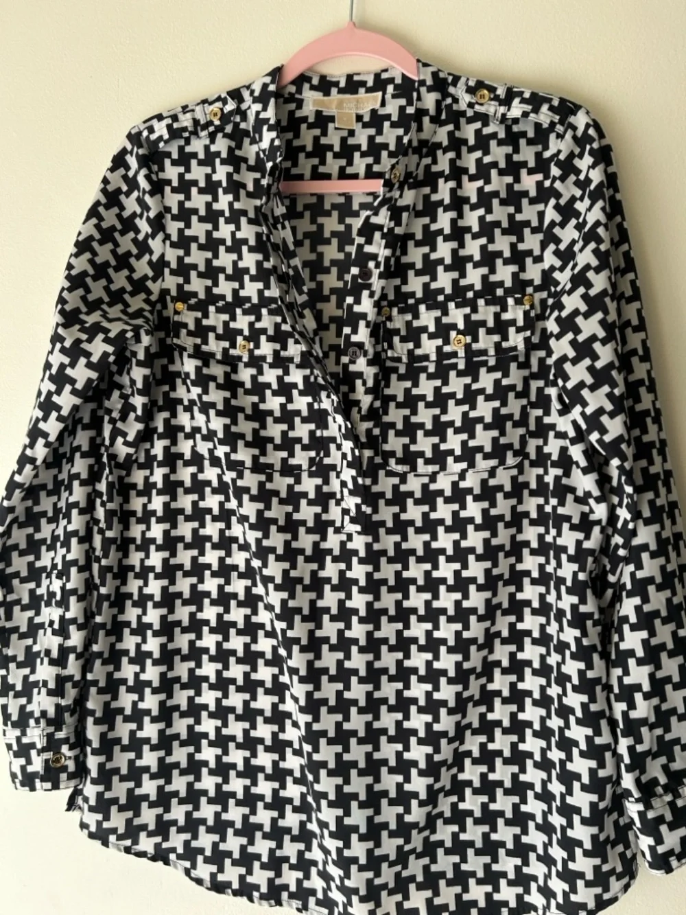 Michael Kors Black and White Houndstooth Button-Down Top